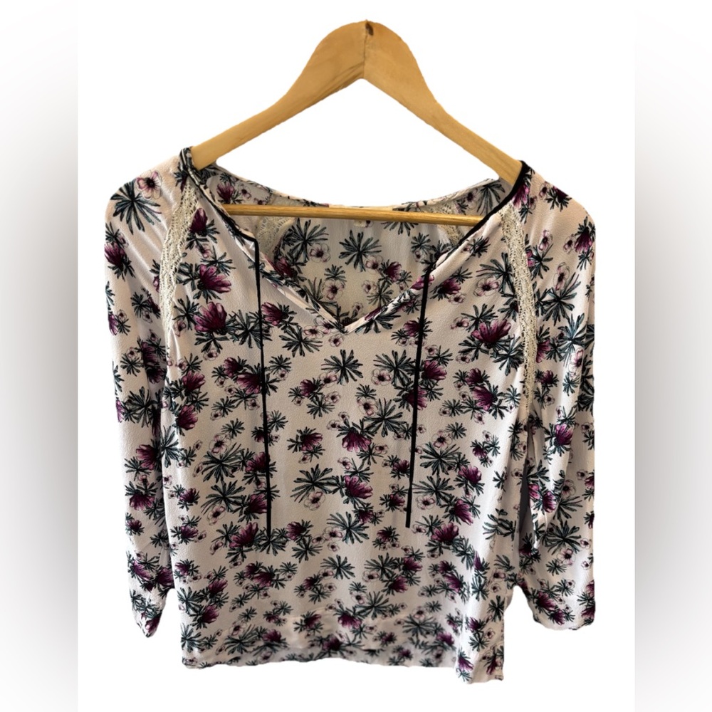 Maje Larson Floral & Lace Tie V-Neck Long Sleeve Blouse Size 2(M) 100% Viscose